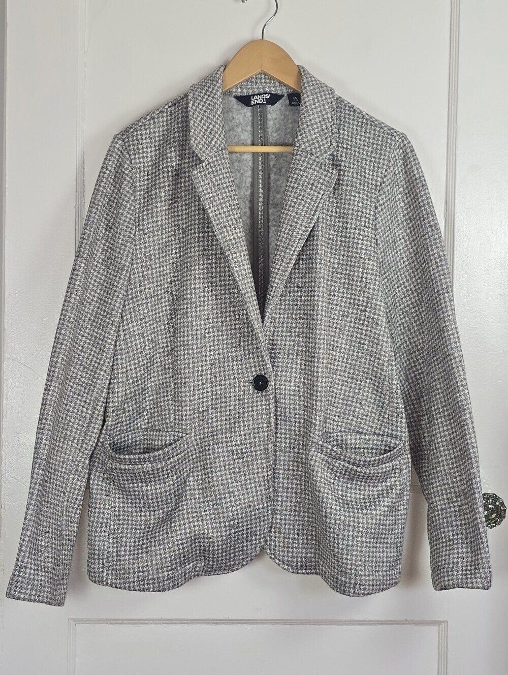 Land's End Grey and White Cozy Fleece Jacket with Pockets M 10-12